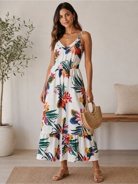 Old Navy White Maxi Dress with Multicolor Tropical Print